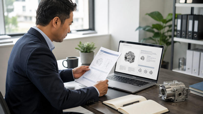 International procurement professional comparing an industrial product page with a technical specification sheet
